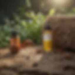 A close-up view of natural ingredients commonly used to deter ants, such as vinegar and essential oils.