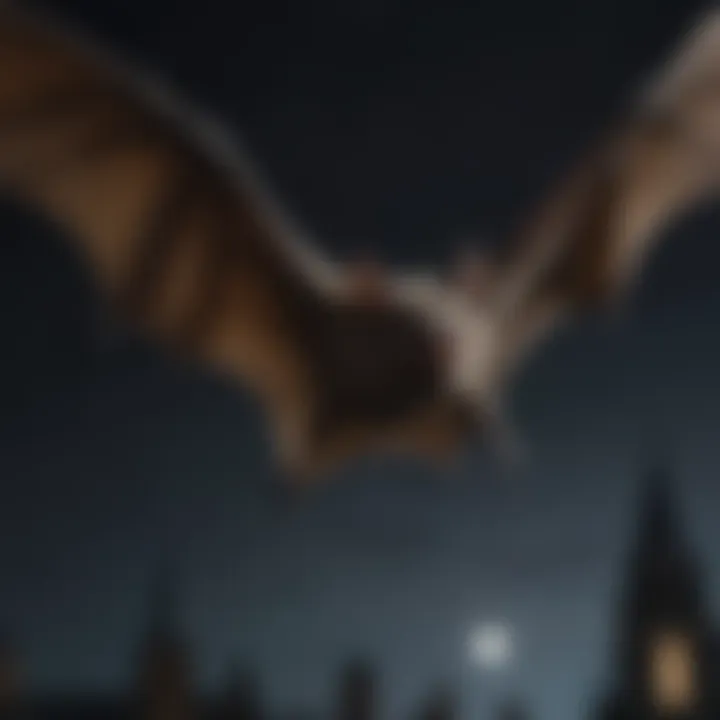 Close-up of a bat in flight at night