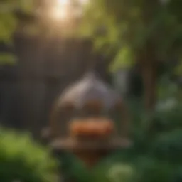 Aerial view of onion bird feeder hanging in a garden