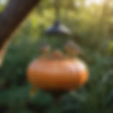 Close-up of birds perched on onion bird feeder nibbling at seeds