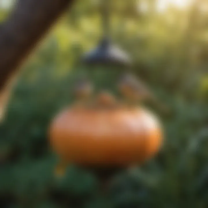 Close-up of birds perched on onion bird feeder nibbling at seeds