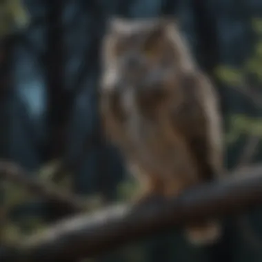 Owl perched on branch at night