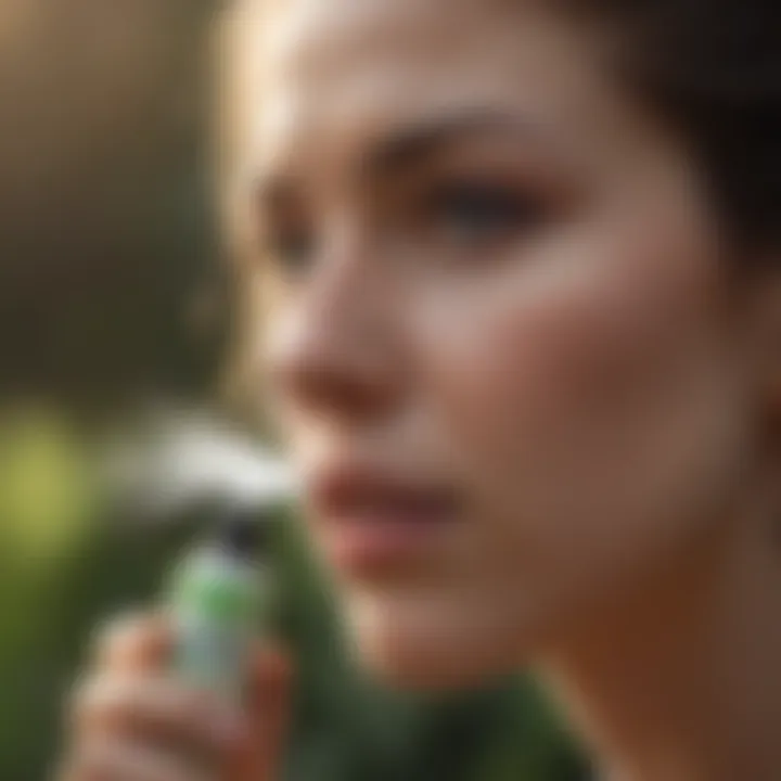 Person applying peppermint spray outdoors