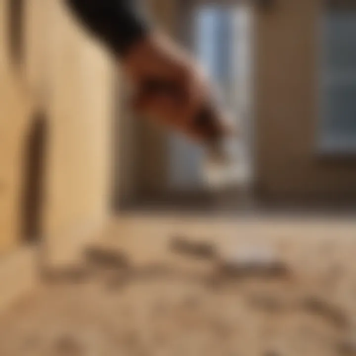 Person spraying ant spray around foundation