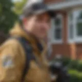 Close-up view of a pest control technician inspecting a residential area