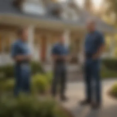 A professional pest control team discussing strategies with homeowners in a friendly setting.