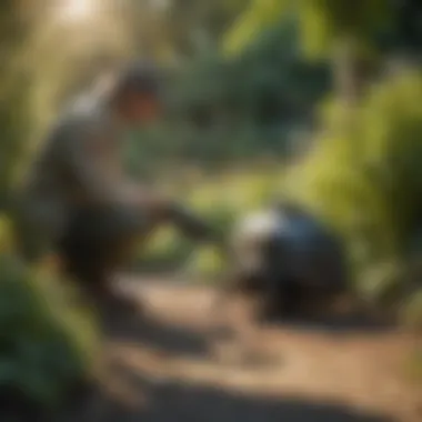 An environmentally conscious pest control technician applying sustainable methods in a garden.