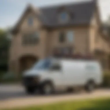 Pest control van with equipment parked outside a home