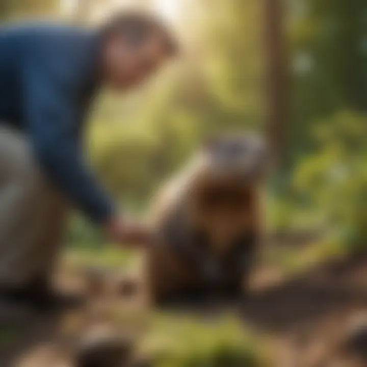 Man planting trees in garden to deter groundhogs