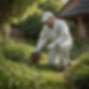 Exterminator applying eco-friendly pest control solution in a garden