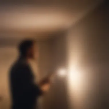 Exterminator inspecting a residential property with a flashlight