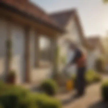 Professional pest control technician applying Cynoff insecticide in a residential area