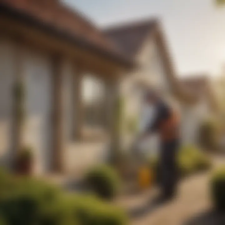 Professional pest control technician applying Cynoff insecticide in a residential area