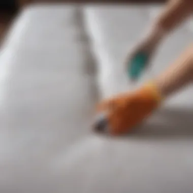 Person using protective gloves to apply bed bug spray on mattress