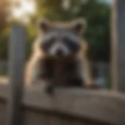 Raccoon peeking through backyard fence
