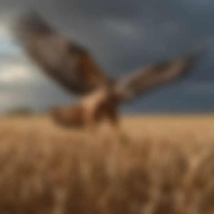 A realistic flying hawk decoy in mid-flight above a crop field