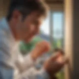 A close-up view of a pest control technician applying treatment in a residential setting.