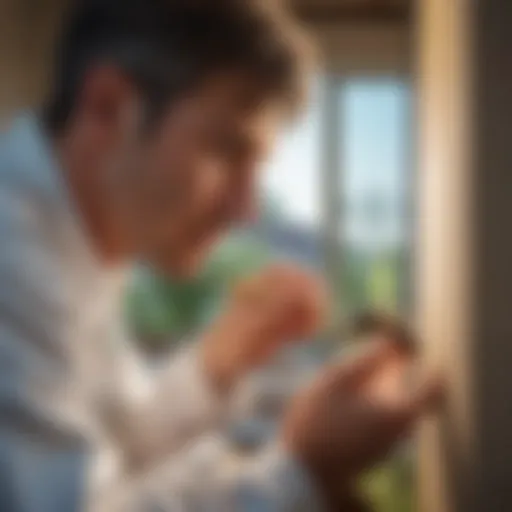 A close-up view of a pest control technician applying treatment in a residential setting.