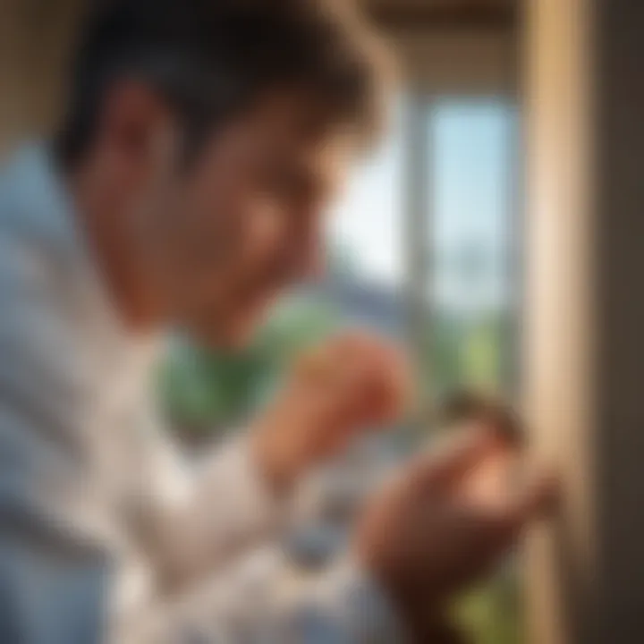 A close-up view of a pest control technician applying treatment in a residential setting.