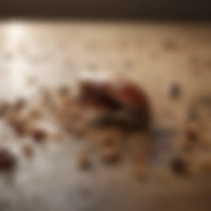 Roach feeding on crumbs in kitchen