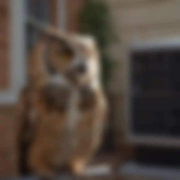 Scarecrow owl decoy guarding air conditioner