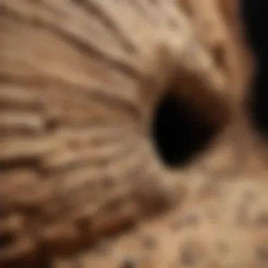 Close-up of termite tunnels in damaged wood