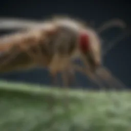A close-up of a mosquito resting on a leaf, showcasing its intricate body structure.