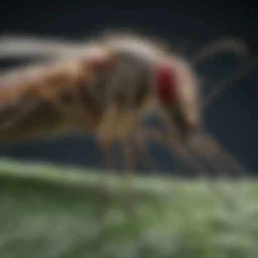 Intricacies of Mosquito Anatomy A close-up of a mosquito resting on a leaf, showcasing its intricate body structure.