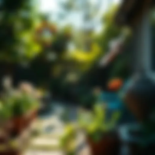 A serene backyard with natural mosquito repellents like citronella plants.