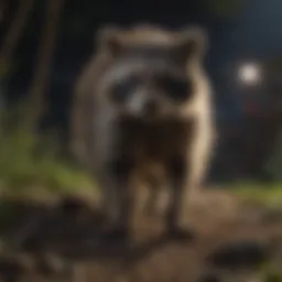Raccoon in a backyard at night