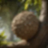 Close-up of a wasp nest hanging from a tree branch