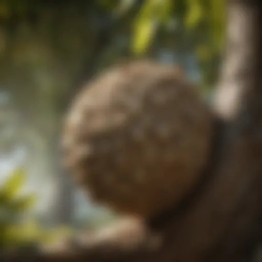 Close-up of a wasp nest hanging from a tree branch