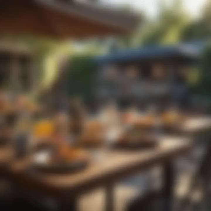 An outdoor dining area with covered food containers and drinks
