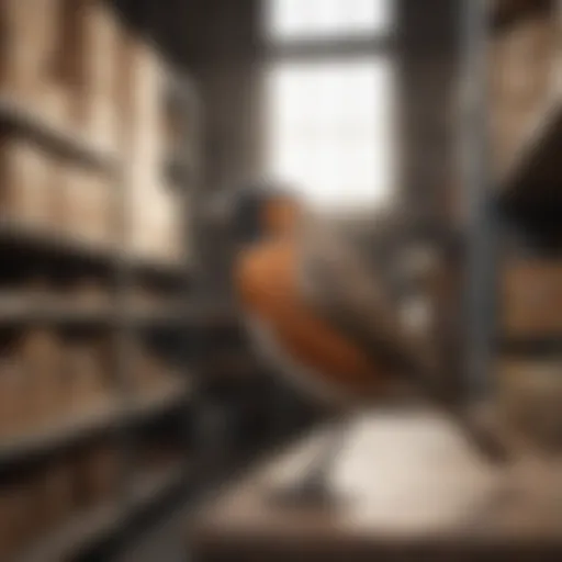 Warehouse interior with a bird perched on a shelf