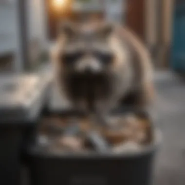 Raccoon peering into a trash can