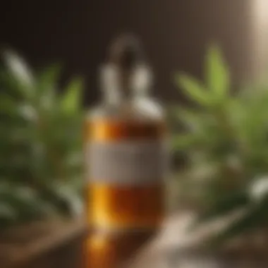 Tea tree oil bottle with leaves