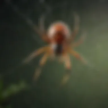 Close-up of a spider on a web with spray being applied nearby