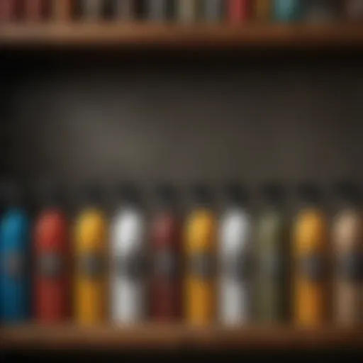 A variety of spider killer spray bottles arranged on a shelf