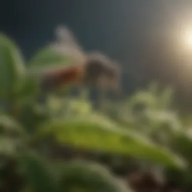 A natural setting with mosquitoes in flight near mint plants