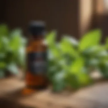 Bottled Pure Peppermint Oil A bottle of 100% pure peppermint oil placed on a wooden table, surrounded by fresh mint sprigs.