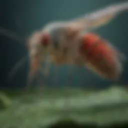 A close-up view of a mosquito on a leaf, showcasing its intricate anatomy and details.