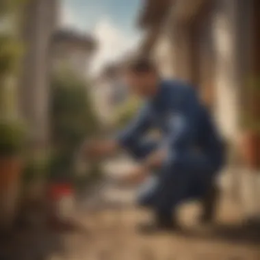 Pest control technician applying treatment in a residential setting