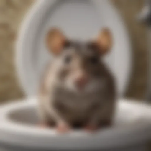 Close-up view of a rat peeking out from a toilet bowl