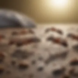 A close-up of tiny household ants foraging on a surface