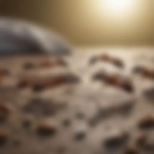 A close-up of tiny household ants foraging on a surface