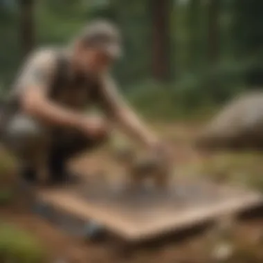 Illustration of a skilled trapper setting up a sophisticated chipmunk trap