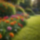 Green lawn with vibrant flowers