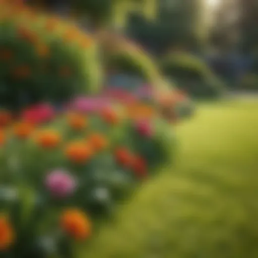 Green lawn with vibrant flowers
