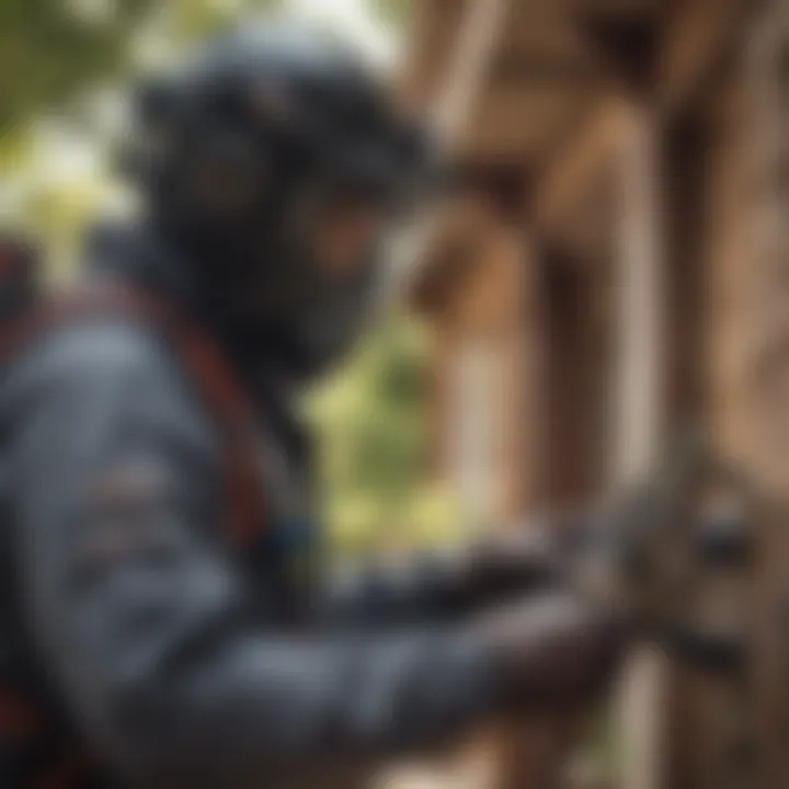 Exterminator in protective gear inspecting a property