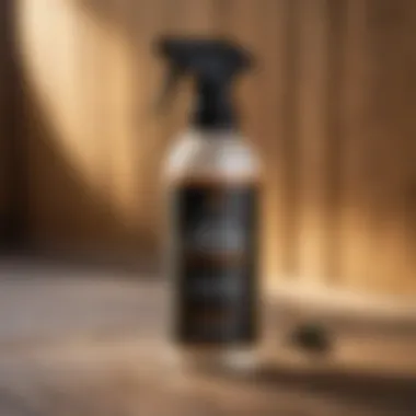 Fly repellent spray bottle on wooden background